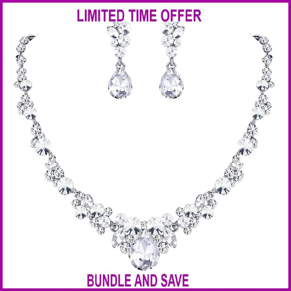 Crystal Bridal Jewelry Set Teardrop Necklace Earrings Wedding Party